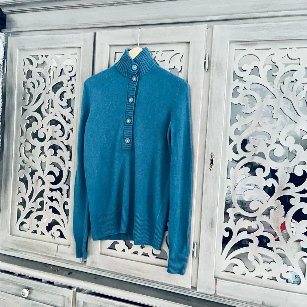Tory Burch teal blue button up sweater S